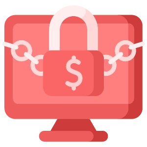 Illustration of a ransomware attack represented by a computer monitor with a dollar symbol locked by chains, highlighting the growing risk of cybercrimes.
