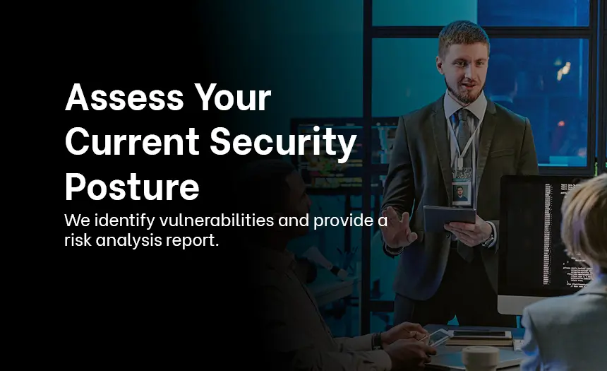 Cybersecurity professional presenting a security posture assessment to a team in a tech environment.