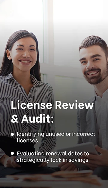 Two smiling professionals, one woman and one man, seated in a bright office environment, holding digital devices, next to a text box on a dark background with the title 'License Review & Audit' and bullet points.