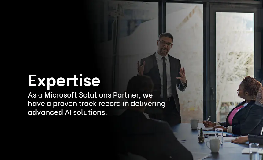 Business professional presenting to a team, showcasing Exigo Tech’s expertise as a Microsoft Solutions Partner in AI solutions.