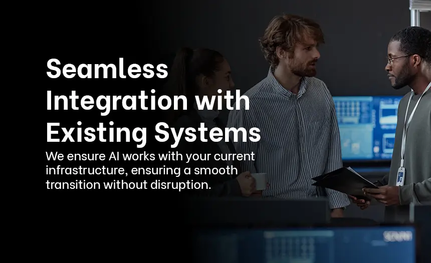 IT professionals collaborating in a tech environment, ensuring smooth AI integration with existing business systems.