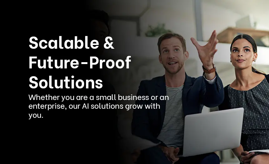 Professionals in a modern office discussing AI solutions designed for scalability and future growth.