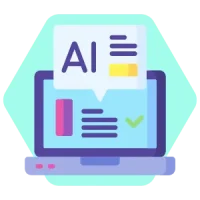 Illustration of a laptop displaying AI-powered content analysis and automation.