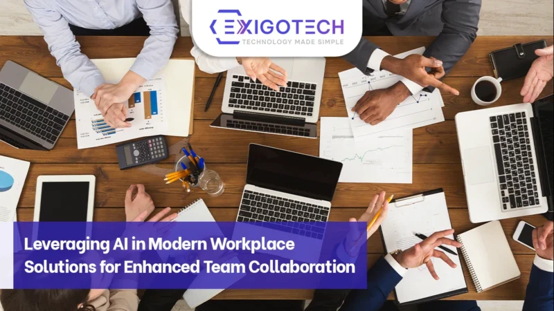 Business professionals collaborating around a table with laptops and charts, highlighting the use of AI in modern workplace solutions for enhanced team collaboration.