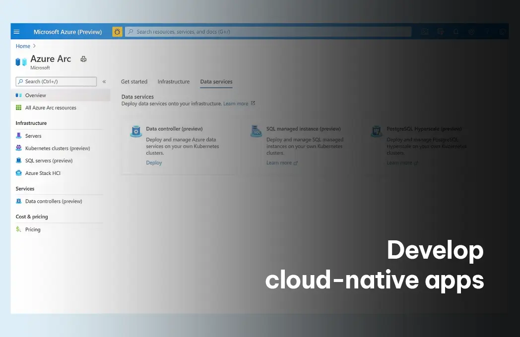 Azure Arc services for developing cloud-native apps with SQL managed instances and PostgreSQL, enabling businesses to deploy data services on their infrastructure. Exigo Tech's Azure Arc solutions support scalable app development across hybrid and multi-cloud environments.