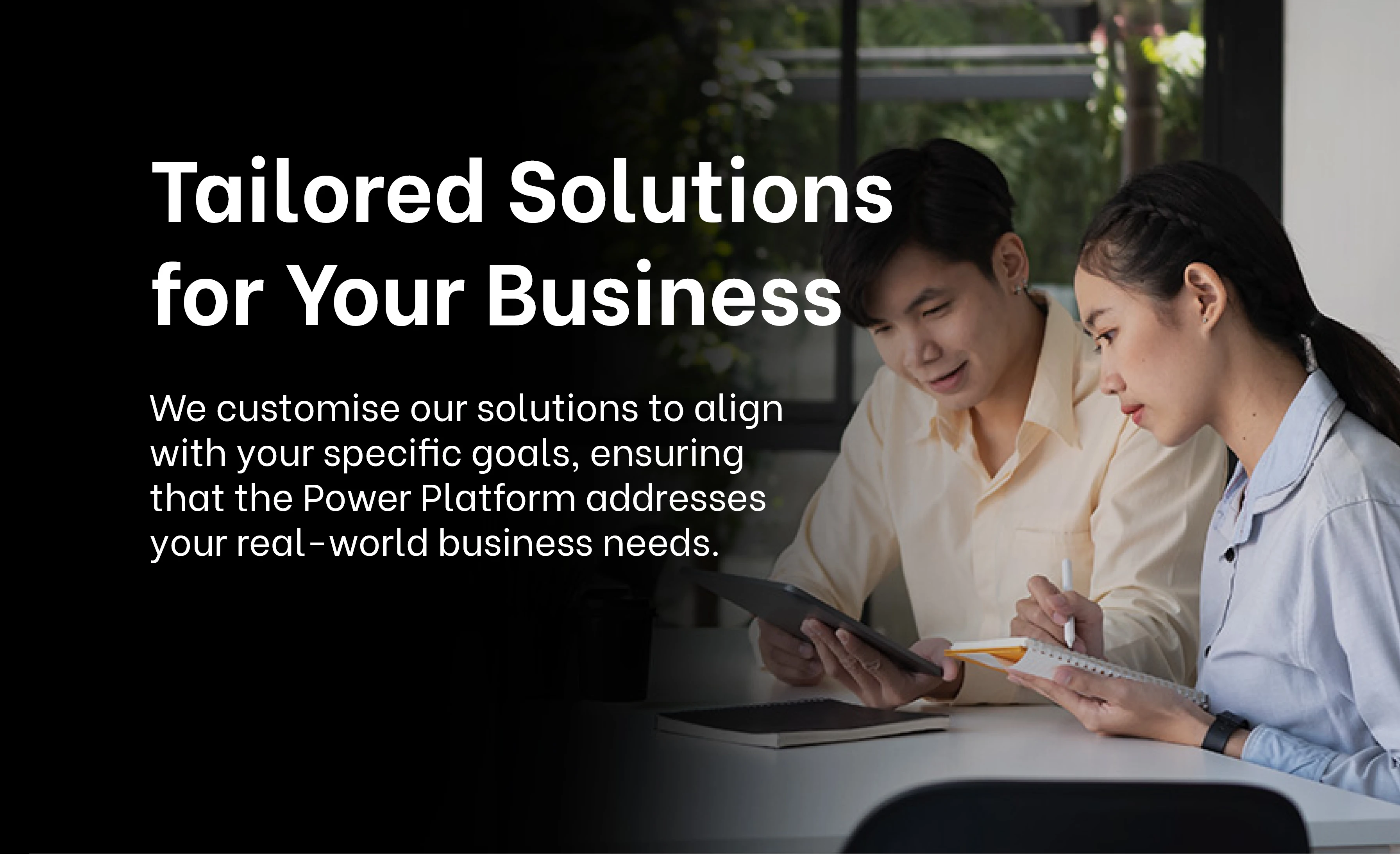 Exigo Tech presents tailored solutions for businesses, featuring a professional discussion between two individuals, emphasizing customization of the Power Platform to meet specific business goals.