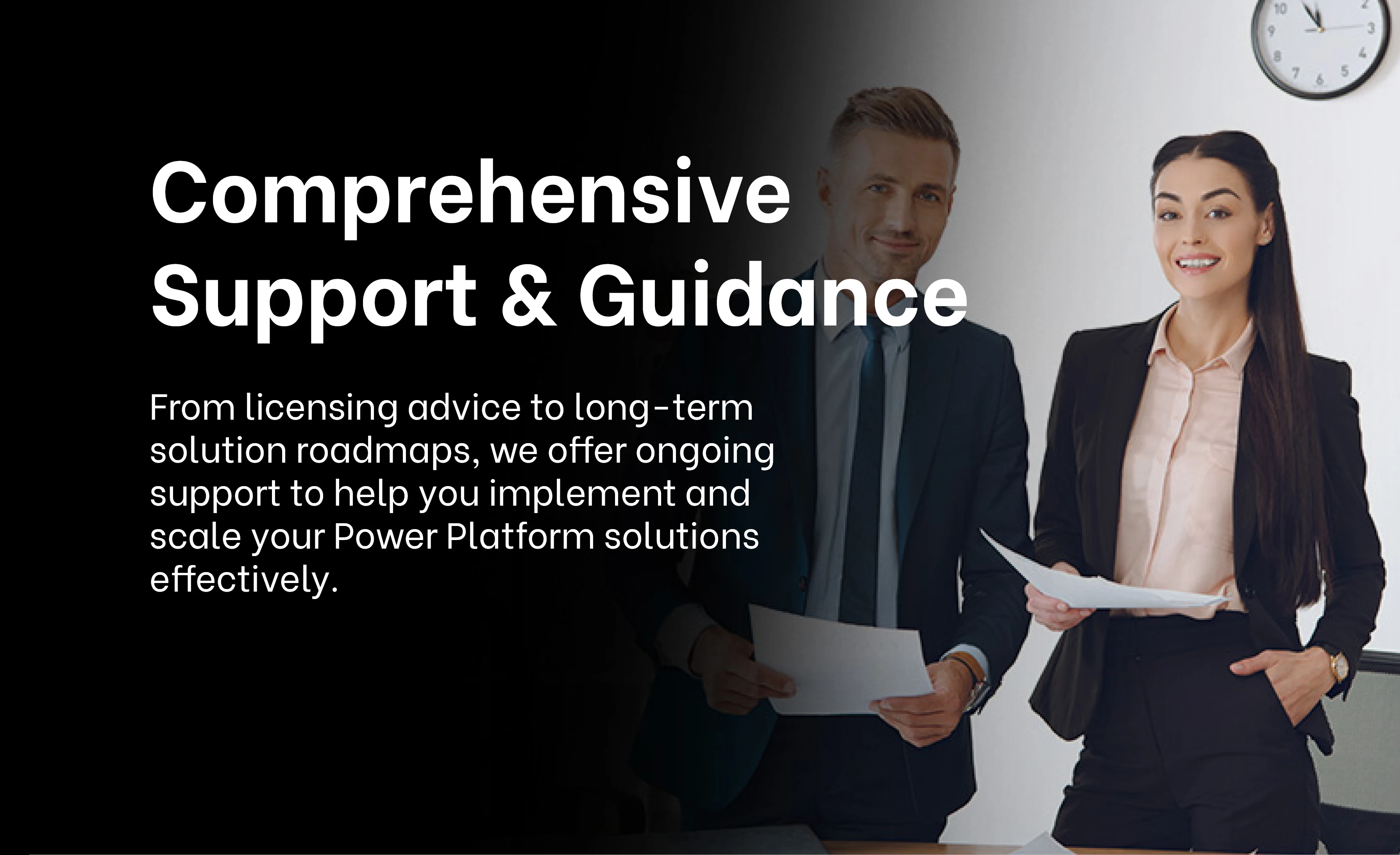 Exigo Tech emphasizes comprehensive support and guidance, featuring a professional couple discussing strategies and solutions for effectively implementing and scaling Power Platform solutions.