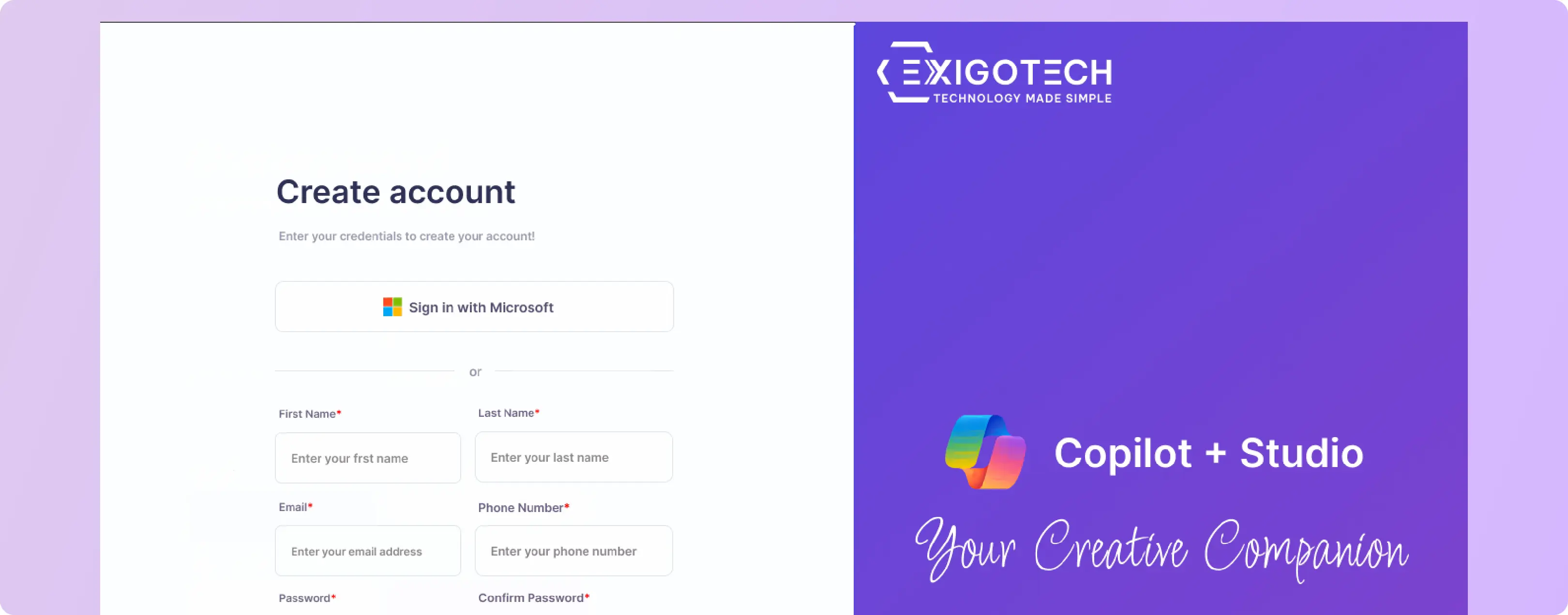 Exigo Tech account creation screen, offering Microsoft sign-in option for access to the AI Content Generator.