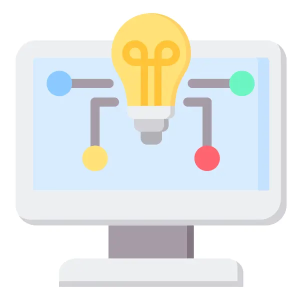 Icon showcasing a computer screen with a lightbulb, representing advanced data science and machine learning solutions for businesses in Australia