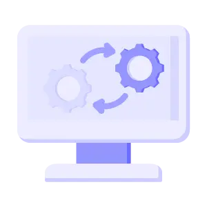 Icon of a computer screen with gears and arrows, representing Exigo Tech's IT Infrastructure: Managed IT Infrastructure Services in Singapore for Azure Container Apps and cloud-native containerized solutions