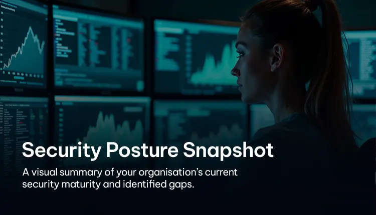 Professional reviewing security data on multiple monitors, analyzing security posture