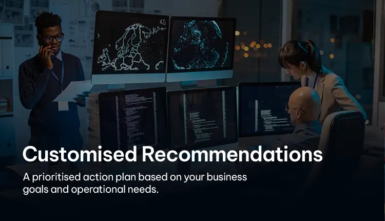 Professionals discussing customized cybersecurity recommendations with multiple monitors