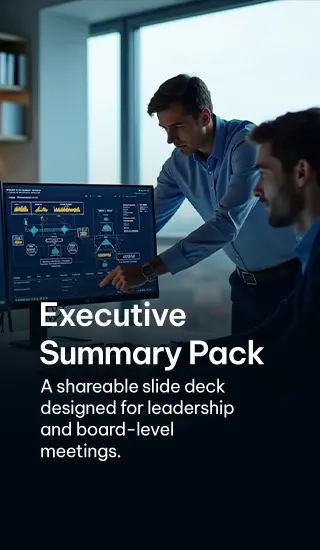 Team collaborating around screens, discussing an executive summary pack for board meetings - For Mobile version