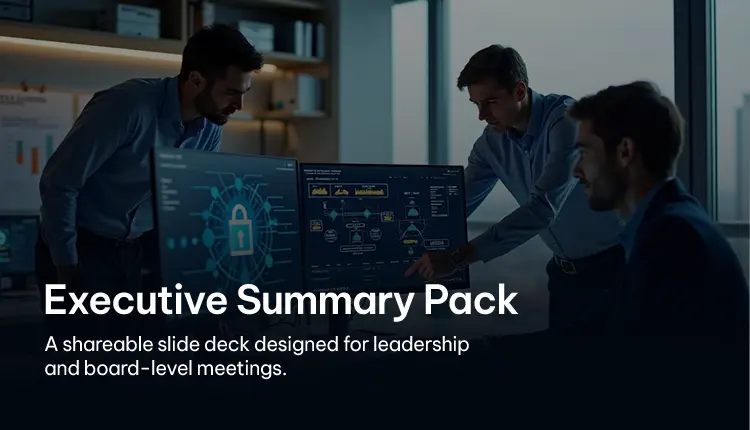 Team collaborating around screens, discussing an executive summary pack for board meetings
