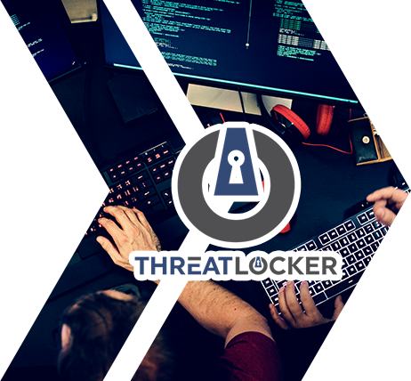 Hands on keyboard with cybersecurity interface and ThreatLocker logo overlay, promoting secure IT environments and Essential Eight assessment call-to-action.