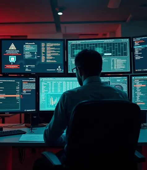 Cybersecurity analyst monitoring multiple security dashboards and threat alerts in a SOC environment, representing challenges faced by organisations against modern cyber threats.