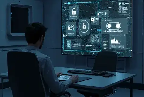 IT security specialist reviewing application control and security policy dashboards, illustrating ThreatLocker’s alignment with the ACSC Essential Eight strategy.