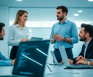 IT professionals discussing Azure Backup, Datto BCDR, and AvePoint integration for secure data protection. IT professionals discussing Azure Backup, Datto BCDR, and AvePoint integration for secure data protection.