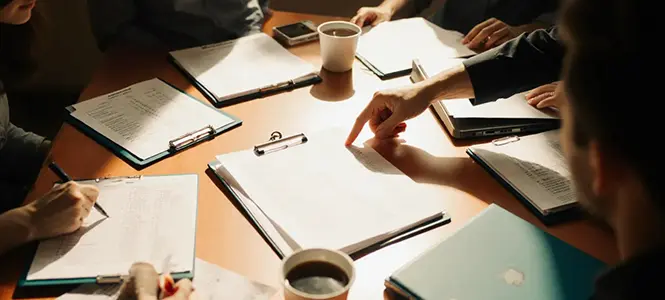 Leadership team reviewing reports and compliance documents in a governance meeting Leadership team reviewing reports and compliance documents in a governance meeting