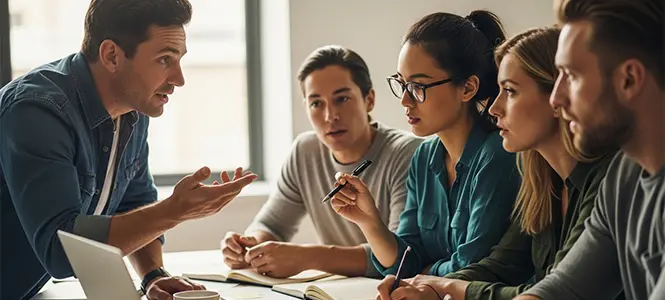 Team discussing digital strategy and technology roadmap for nonprofit transformation Team discussing digital strategy and technology roadmap for nonprofit transformation