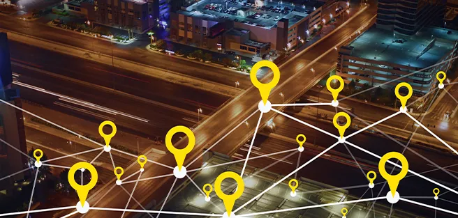Smart city road network with connected location markers illustrating digital infrastructure and local government IT solutions for efficient urban services and connectivity